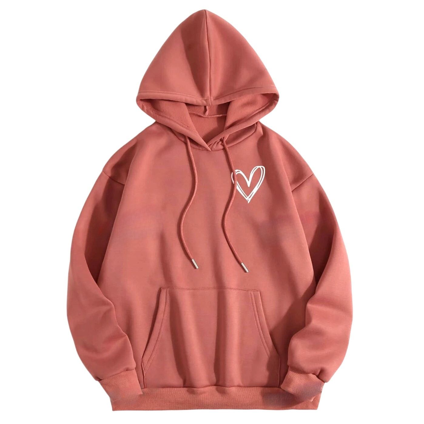 Shein Heart Print Thermal Lined Drawstring Hoodie in Pink, Size XL Size XL / US 12-14 / IT 48-50 - 1 Thumbnail