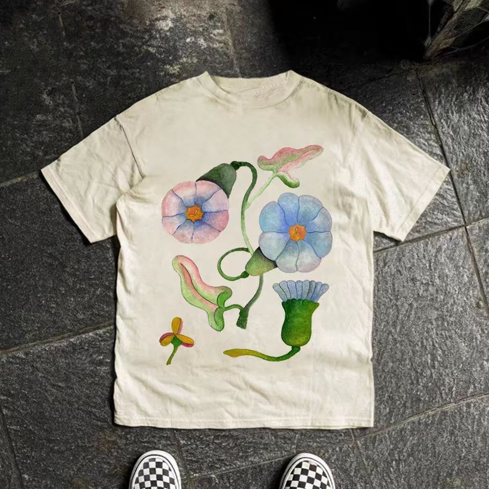 Beige casual retro floral print cotton t-shirt