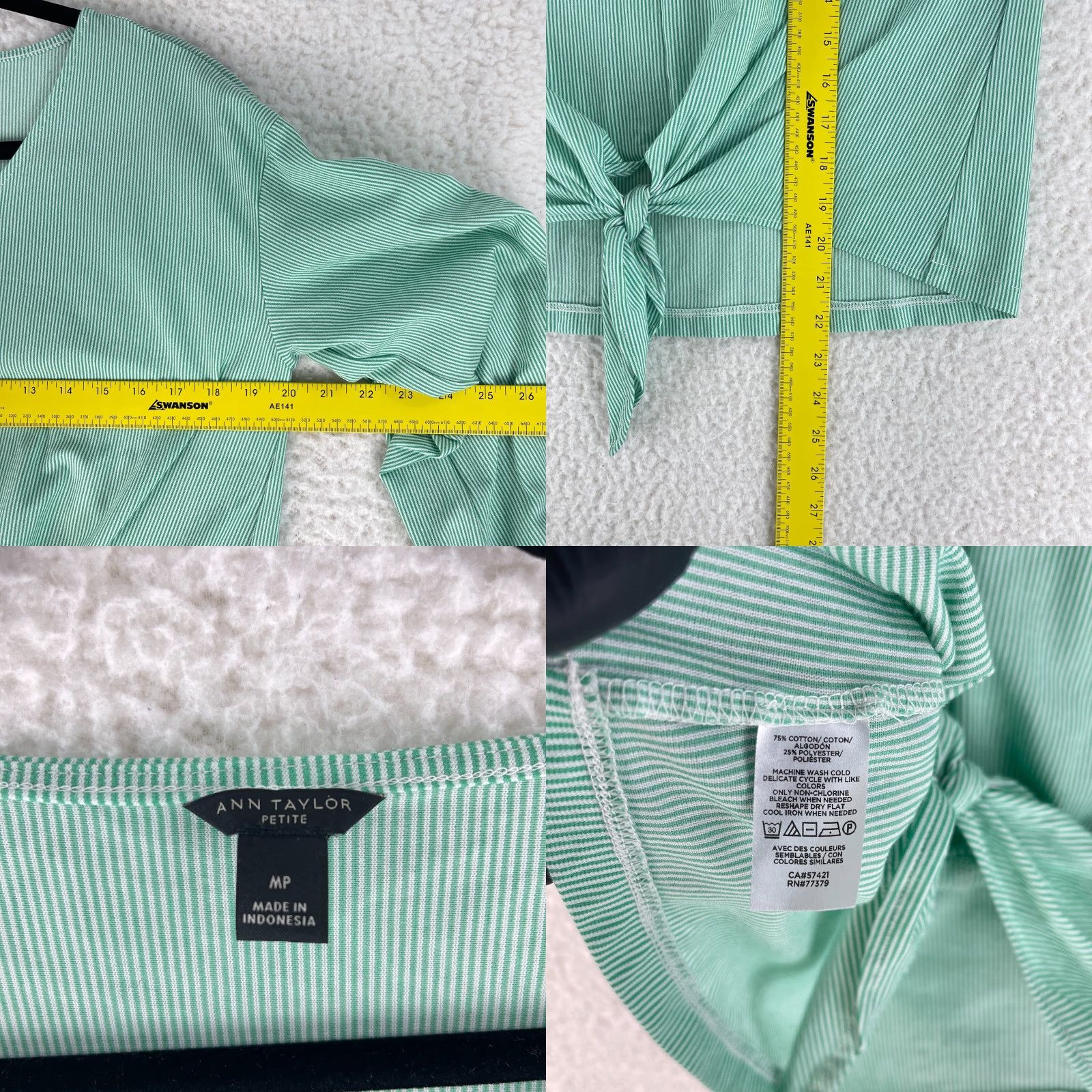 Ann Taylor Ann Taylor Petite Green Striped Long Sleeve Shirt Womens Front Tie V-Neck PM Blouse Size M / US 6-8 / IT 42-44 - 9 Thumbnail