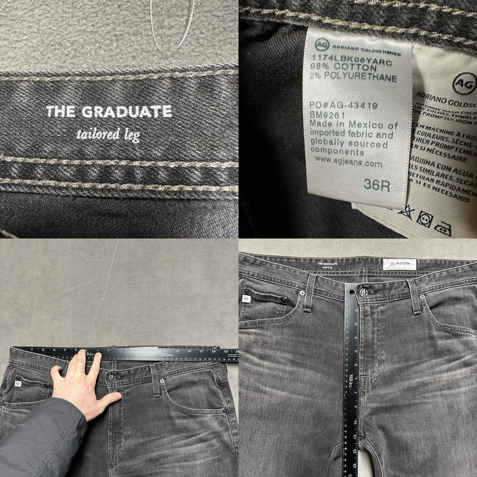 Denime AG The Graduate Jeans Mens 36R Gray Denim Straight 5-Pocket 28 Inseam 11 Rise Tailored Leg Cotton Blend Dark Wash Size US 36 / EU 52 - 8 Thumbnail