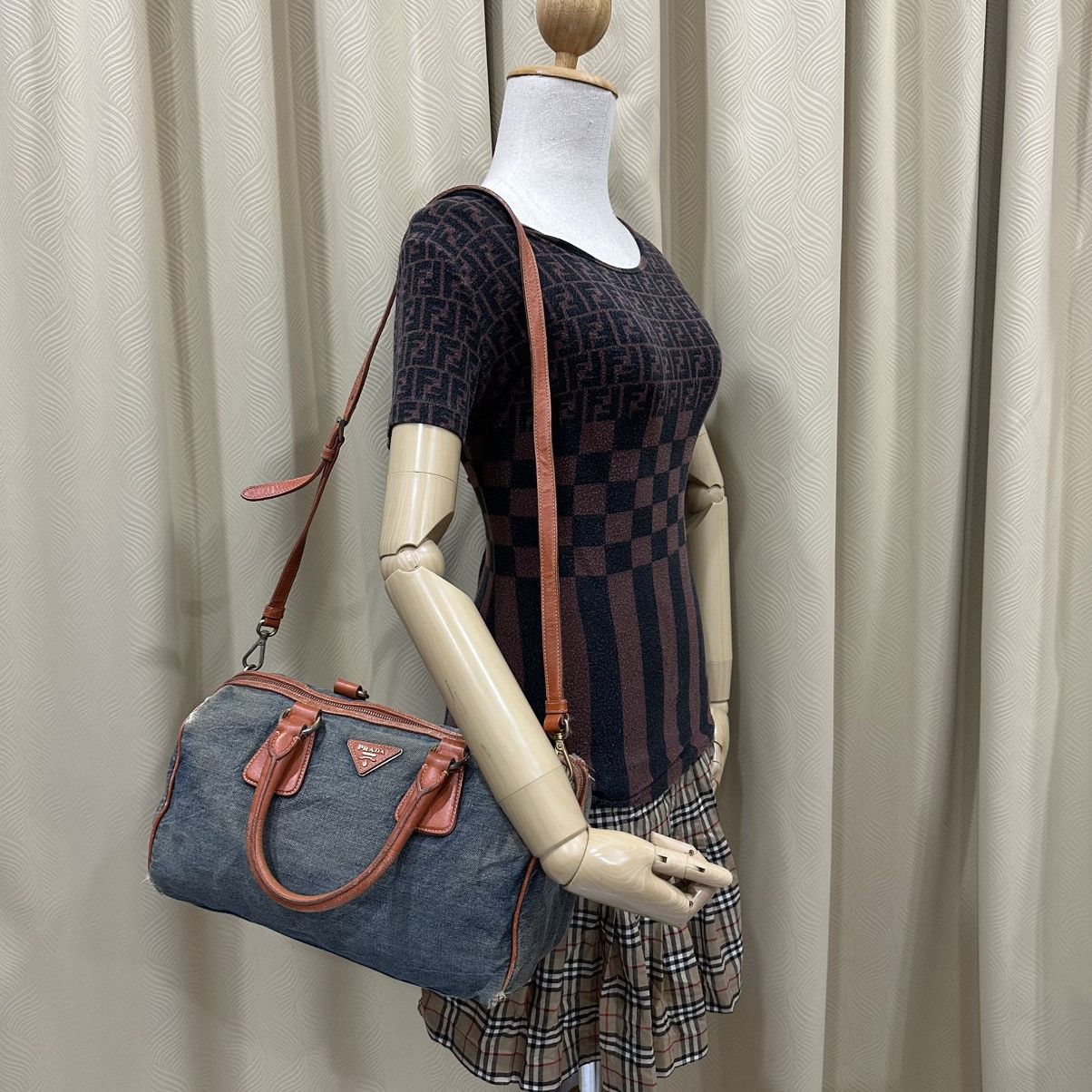 Prada PRADA DISTRESSED DENIM BAULETTO 2 WAY BOSTON BAG Size ONE SIZE - 1 Thumbnail
