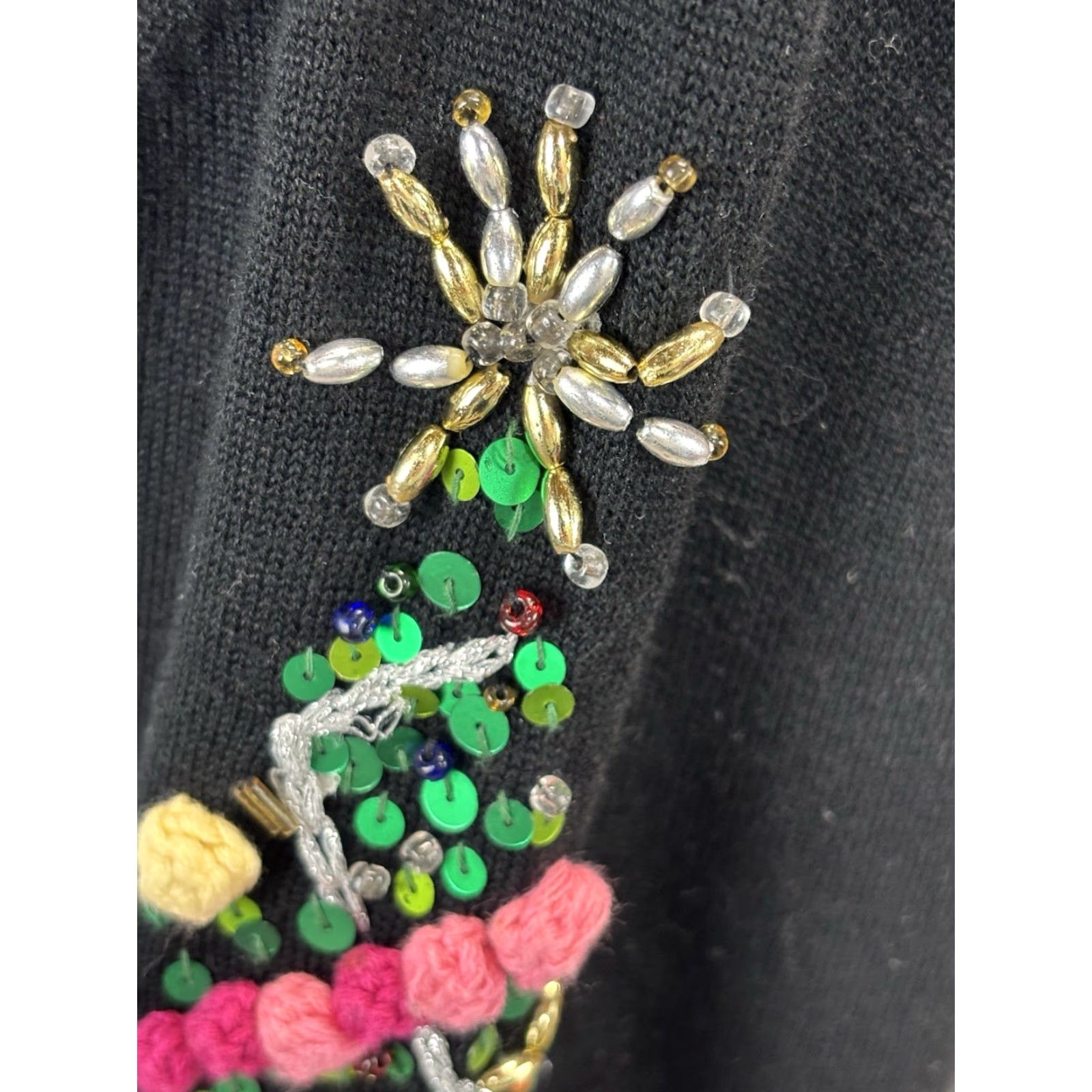 Simons VINTAGE Michael Simon Christmas Tree Sweater Women’s Medium Black Beaded Poms Pullover Size M / US 6-8 / IT 42-44 - 7 Thumbnail