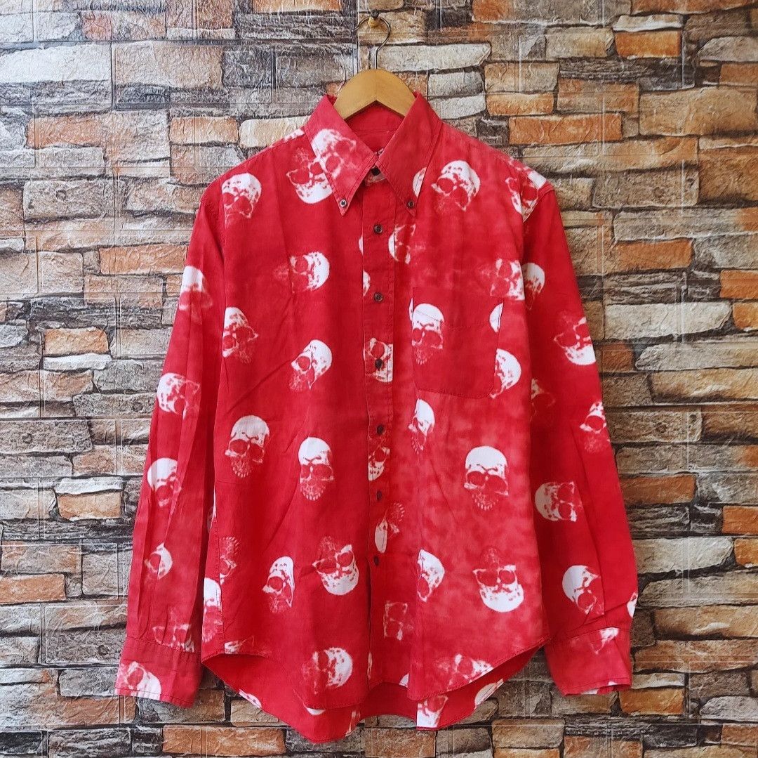 Vintage Slap Shot Allover Skull Long Sleeve Button Shirt