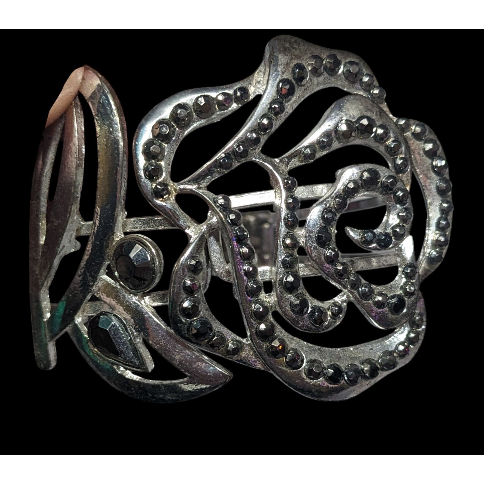 Other Whimsygoth Floral Black And Silver Tone Hinge Bracelet Size ONE SIZE - 1 Thumbnail