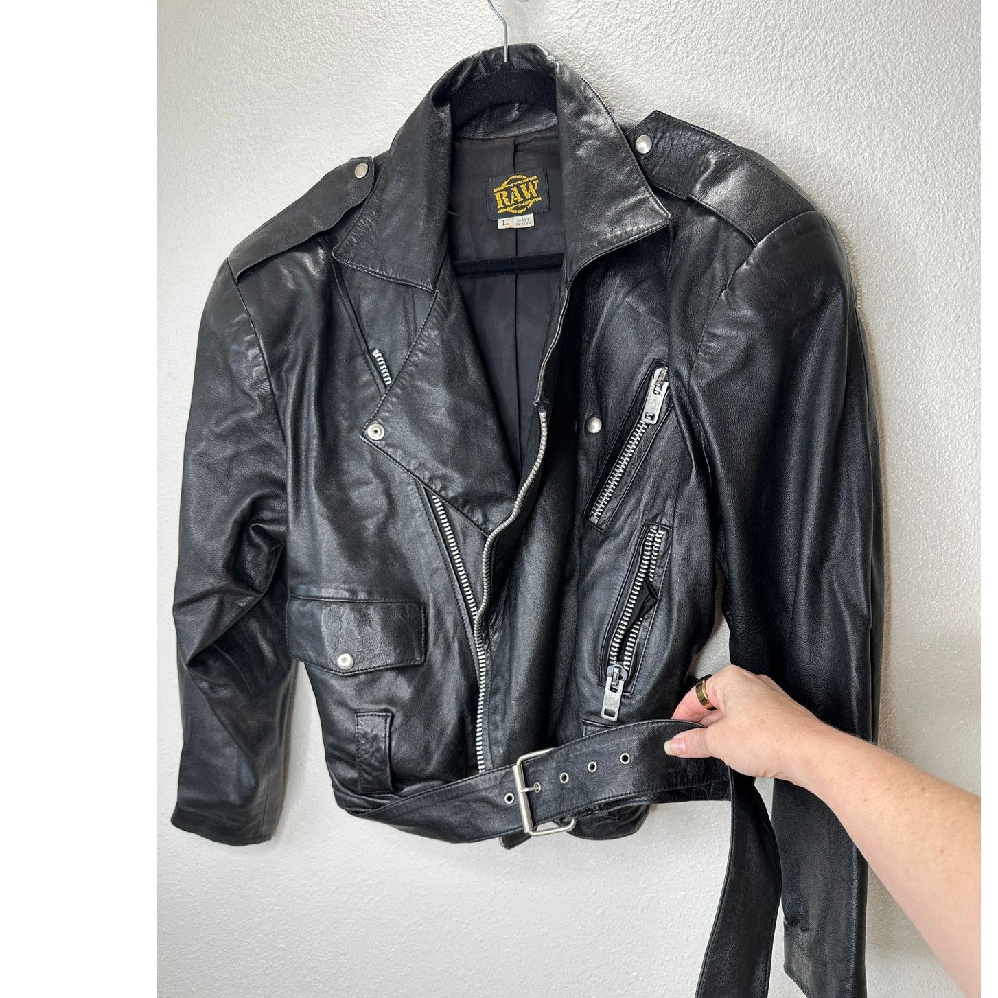 Other Raw Black Leather Silver Zip & Hardware Belted Moto Jacket L Size L / US 10 / IT 46 - 2 Thumbnail