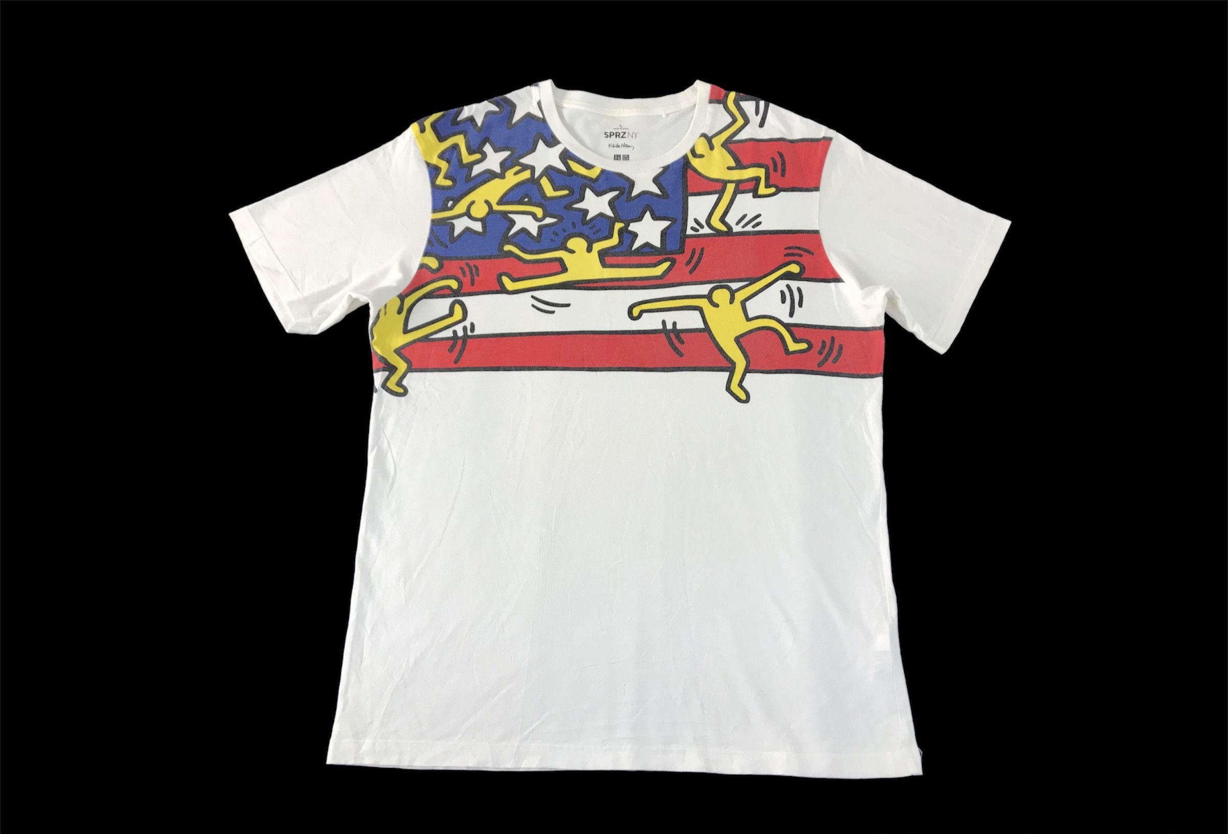image of Sprzny Keith Haring Pop Art Dancing American Flag Printed in White, Men's (Size Medium)
