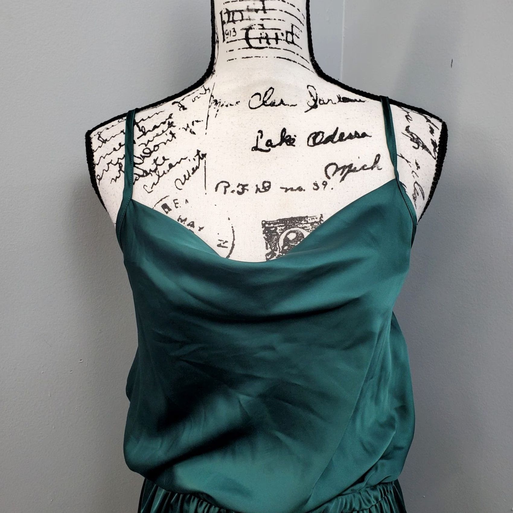 Vintage Messy Fun Maxi Dress Womens Size S Green Satin Drawstring Waist Adjustable Strap - Sleeveless, Party/Cocktail, 51 Length, Chest 15 Size S / US 4 / IT 40 - 3 Thumbnail