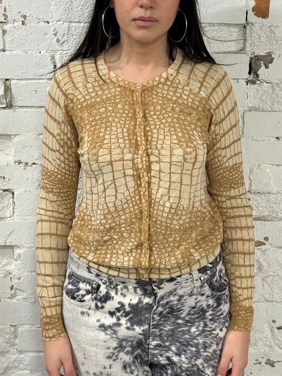 Roberto Cavalli 2000s Roberto Cavalli Crocodile Effect White & Beige Cardigan Size S / US 4 / IT 40 - 2 Thumbnail