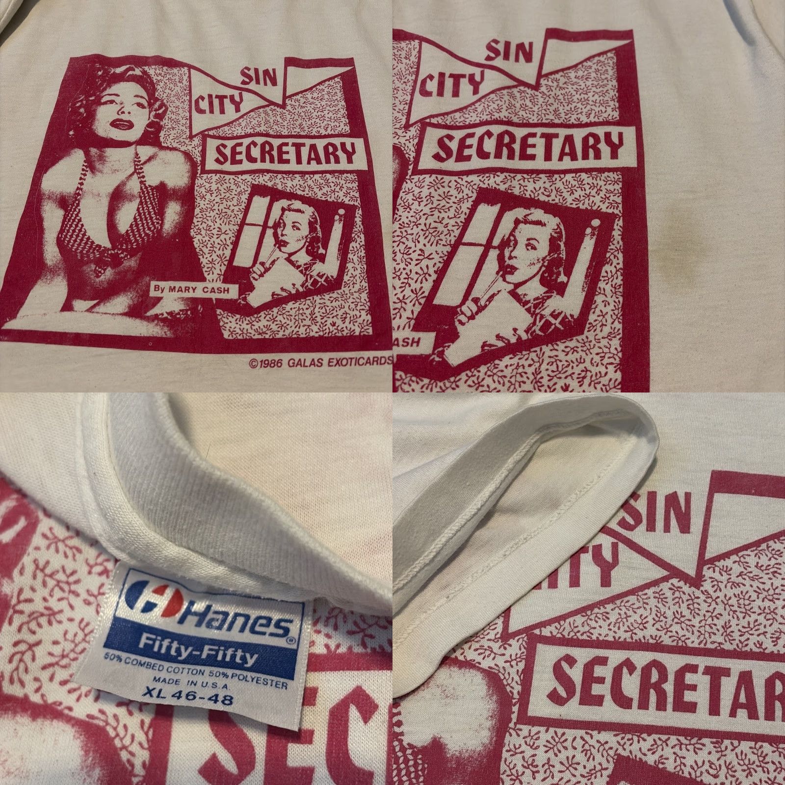 Hanes VINTAGE 1986 Galas Exoticards Sin City Secretary Mary Cash Exot ic Raunchy Art T-Shirt Hanes White XL Unisex Adults Marie Mens Shirt Size US XL / EU 56 / 4 - 8 Thumbnail