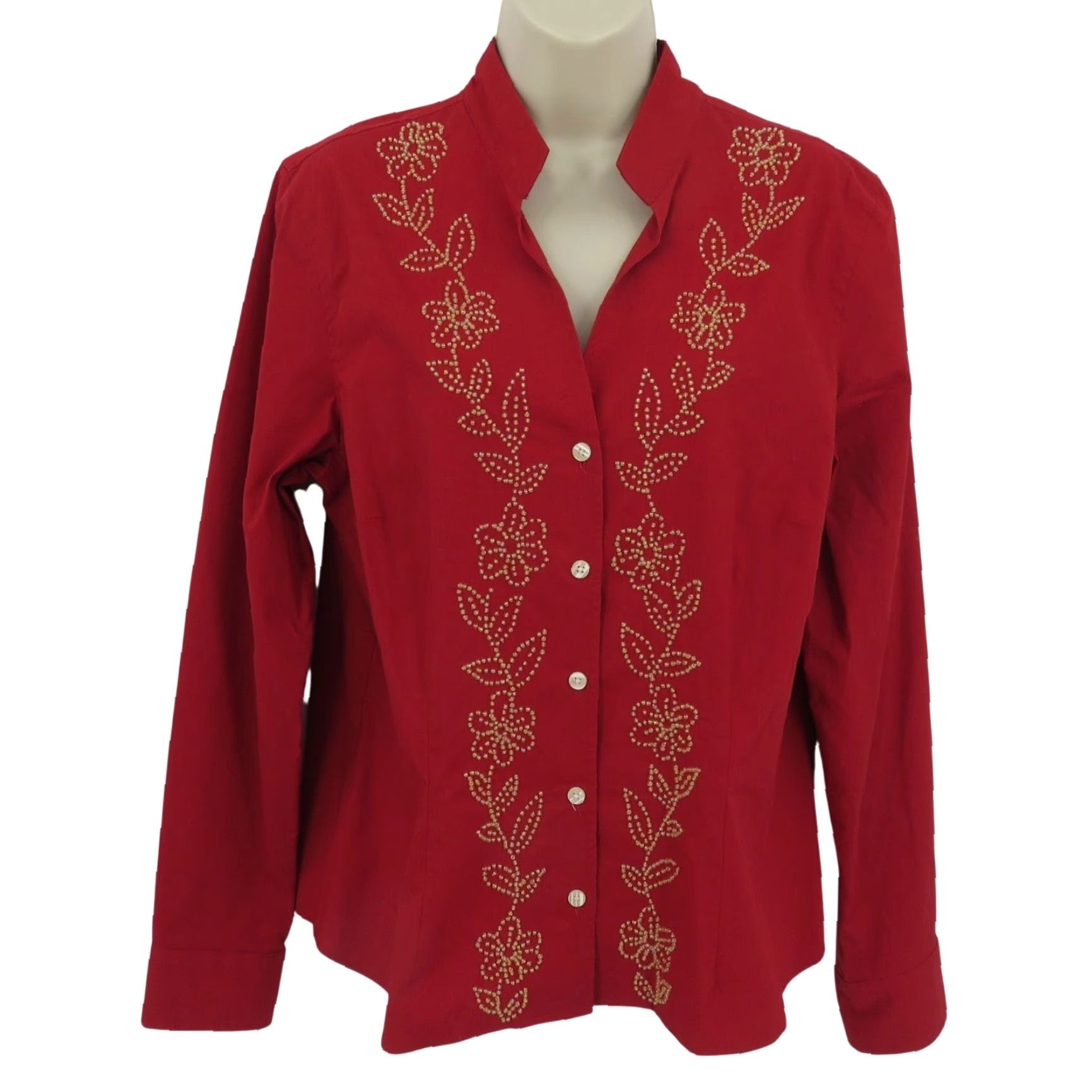 Coldwater Creek Coldwater Creek Blouse Shirt Beaded Flowers Floral Button Long Sleeve Womens L Red Yellow Top Size L / US 10 / IT 46 - 2 Thumbnail