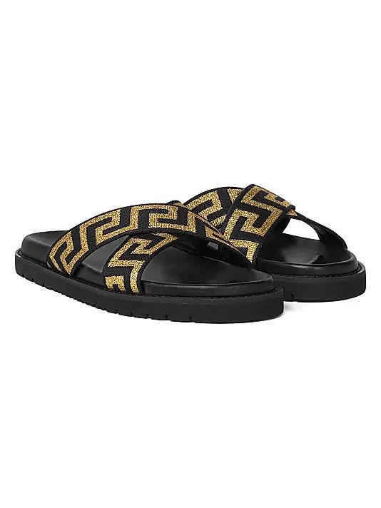 Versace os11x0326 La Greca Jacquard Slide Sandals in Black/Gold Size US 12 / EU 45 - 2 Thumbnail