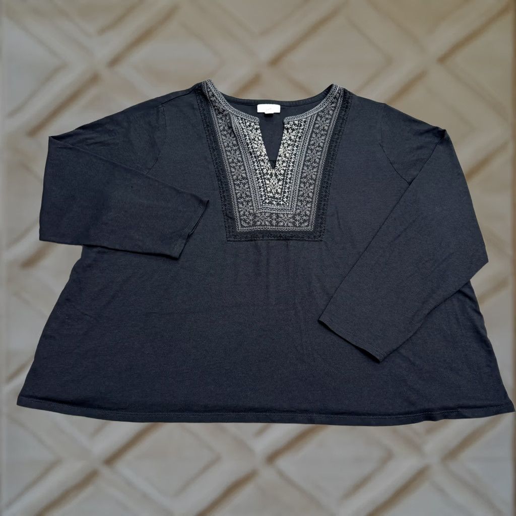 J. Jill J.Jill Blouse Womens Plus 3X Black Embroidered Split Neck Long Sleeve Top Tunic Size L / US 10 / IT 46 - 1 Thumbnail