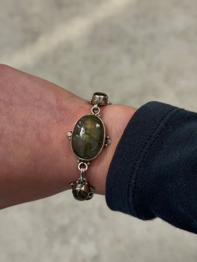 Vintage 1990s Silver & Labradorite Contemporary Relief Bracelet Size ONE SIZE - 3 Thumbnail