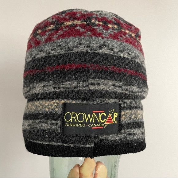 Crown Cap Crown Cap Gray Ikat Wool Cap w/ Earflaps - Unisex 🇨🇦 Size ONE SIZE - 5 Thumbnail