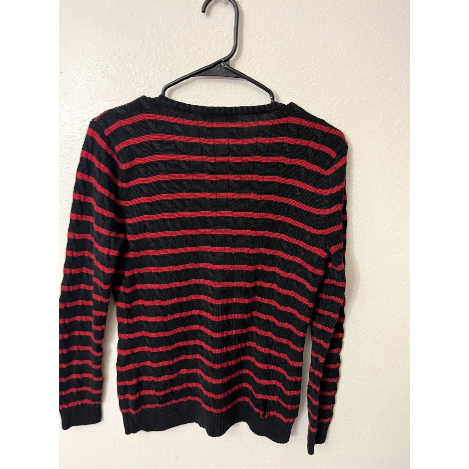 Ralph Lauren VINTAGE Lauren Ralph Lauren Womens Sweater Pullover Long Sleeve V-Neck Cable Knit Striped Cotton Blend Black Red Sizes Size L / US 10 / IT 46 - 3 Thumbnail