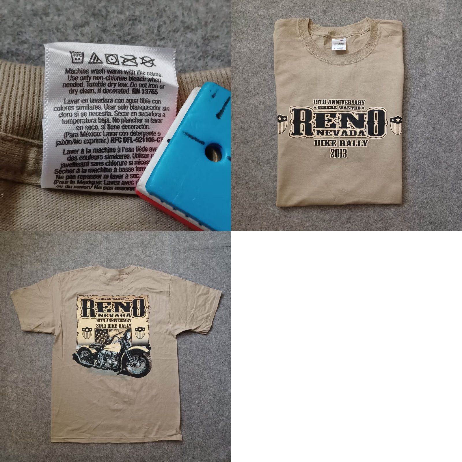Fruit Of The Loom Reno Nevada Bike Rally Shirt Mens Large Beige Double Side Skull Wings Logo 2013 Size US L / EU 52-54 / 3 - 9 Thumbnail