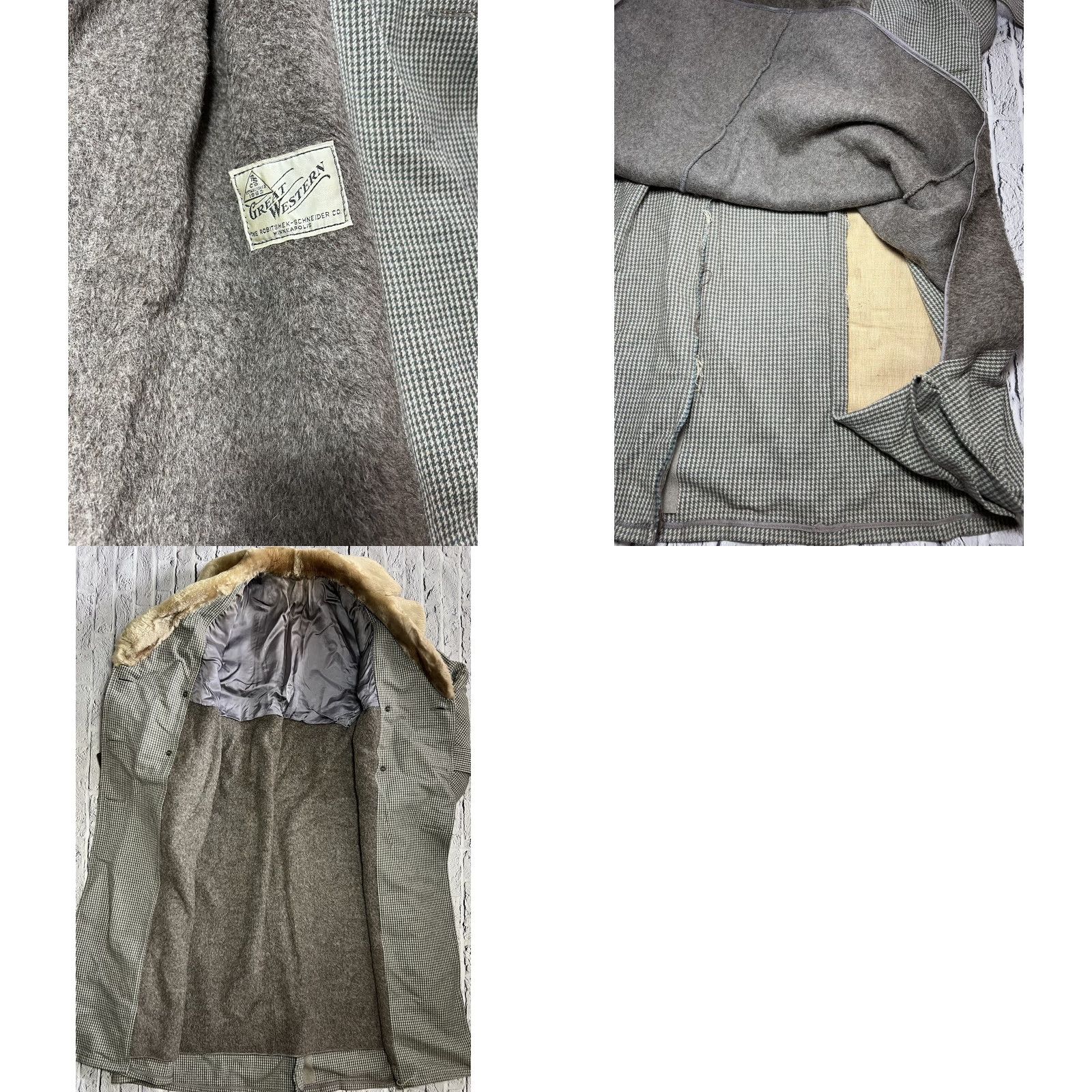 Greats VINTAGE robitshek schneider Great Western Wool Houndstooth Jacket Womens Coat Overcoat S Green Fur Trim Double Breasted Belted Wool Lined Buttoned Size S / US 4 / IT 40 - 8 Thumbnail