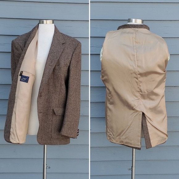 Designer × Vintage Vintage 80s Retro Preppy Tweed Brown Tan Wool Suede Blazer Size 44R - 4 Thumbnail