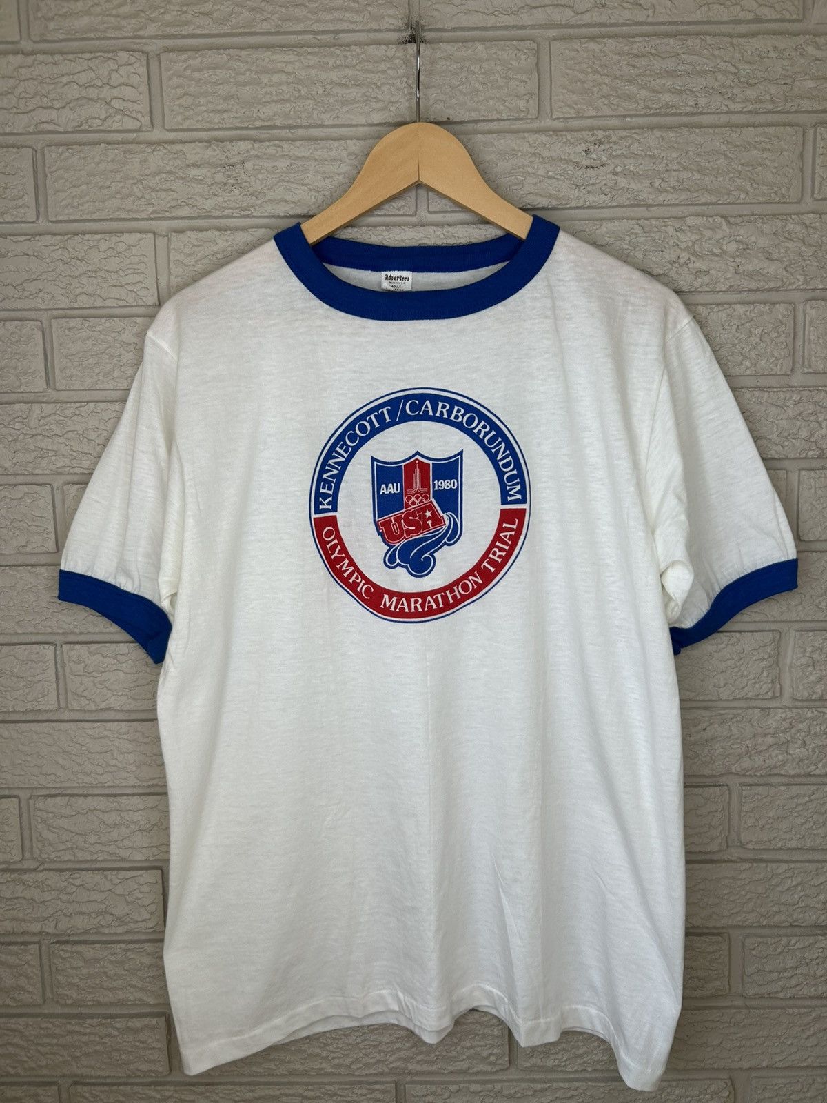 Vintage Vintage 80s USA Olympic Marathon Trial Thin Ringer T Shirt Size US L / EU 52-54 / 3 - 1 Thumbnail