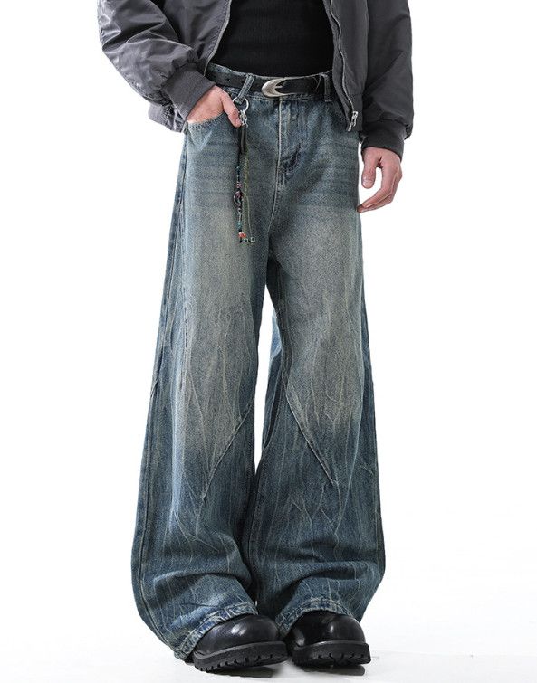 American retro washed men's cleanfit wide-leg jeans