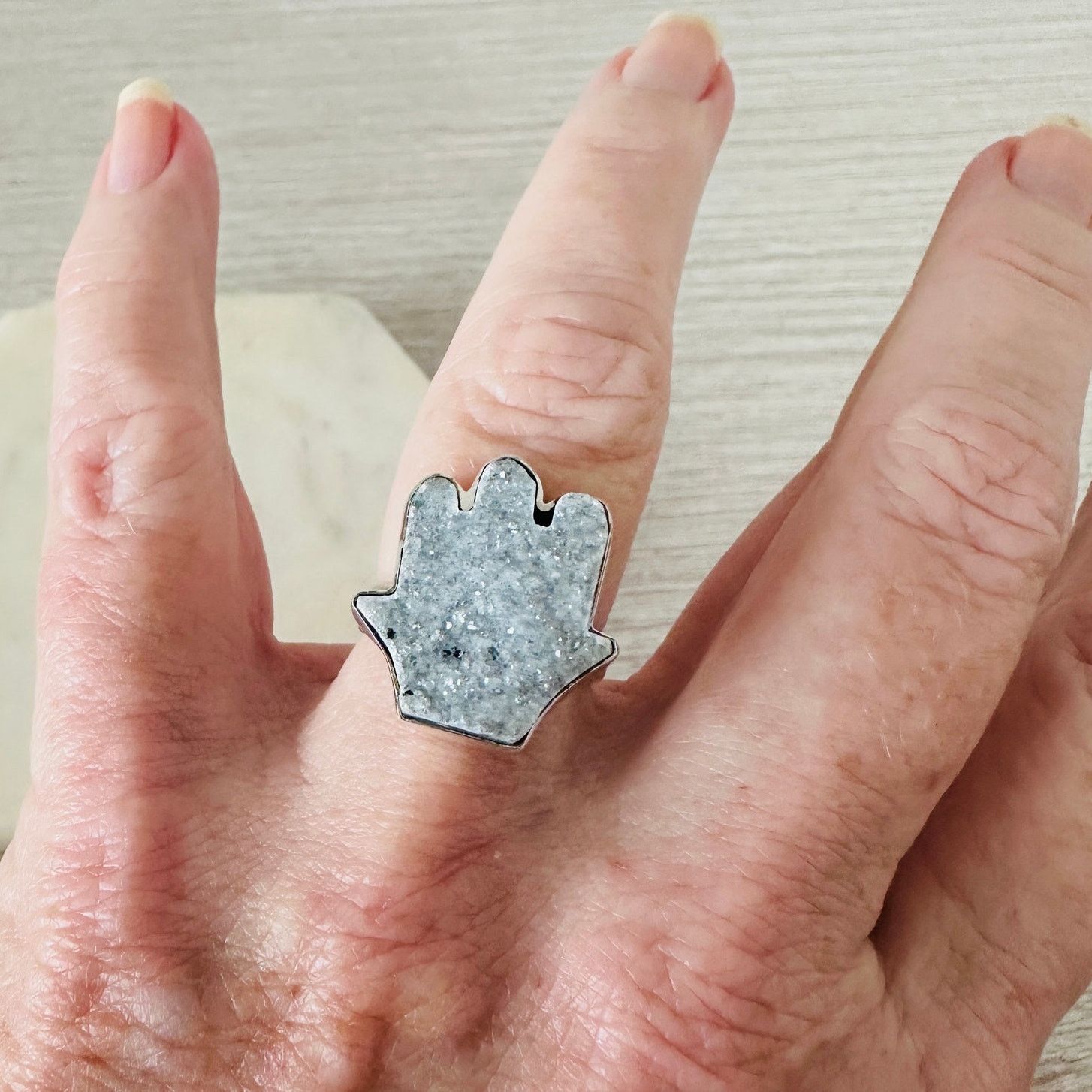 The Unbranded Brand Hamsa Agate Druzy Sterling Silver Ring Size ONE SIZE - 3 Thumbnail