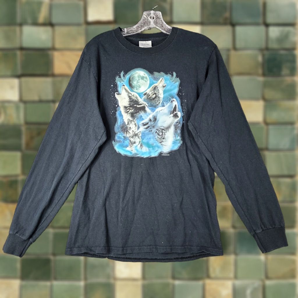 Port & Company VINTAGE Port & Company Black Long Sleeve T-Shirt Wolves Howling at Moon Adult Medium Size US M / EU 48-50 / 2 - 1 Thumbnail