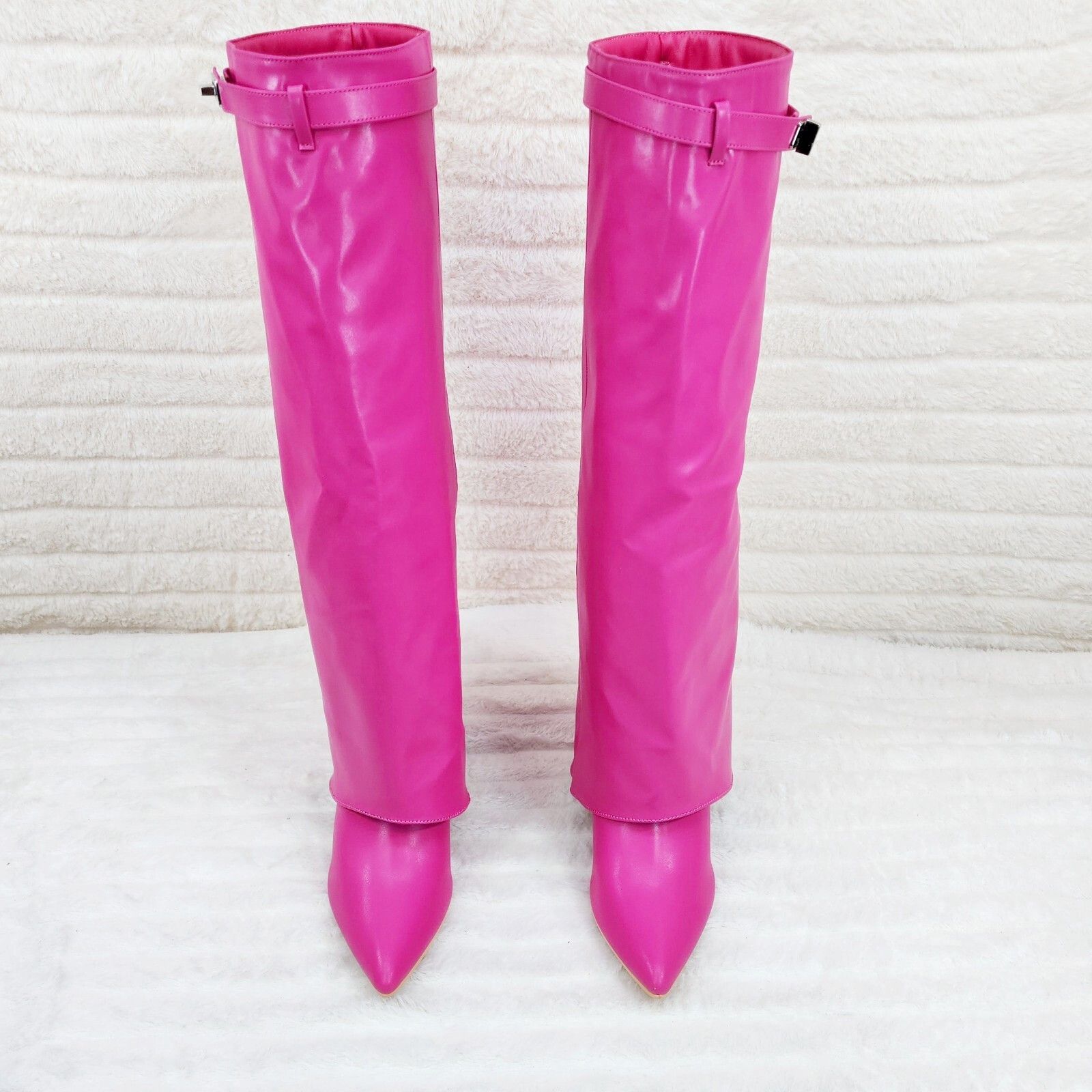 Other Paris Fuchsia Pink Skirted Fold Over 3.5" Block Heel Knee Hi Size US 6 / IT 36 - 5 Thumbnail