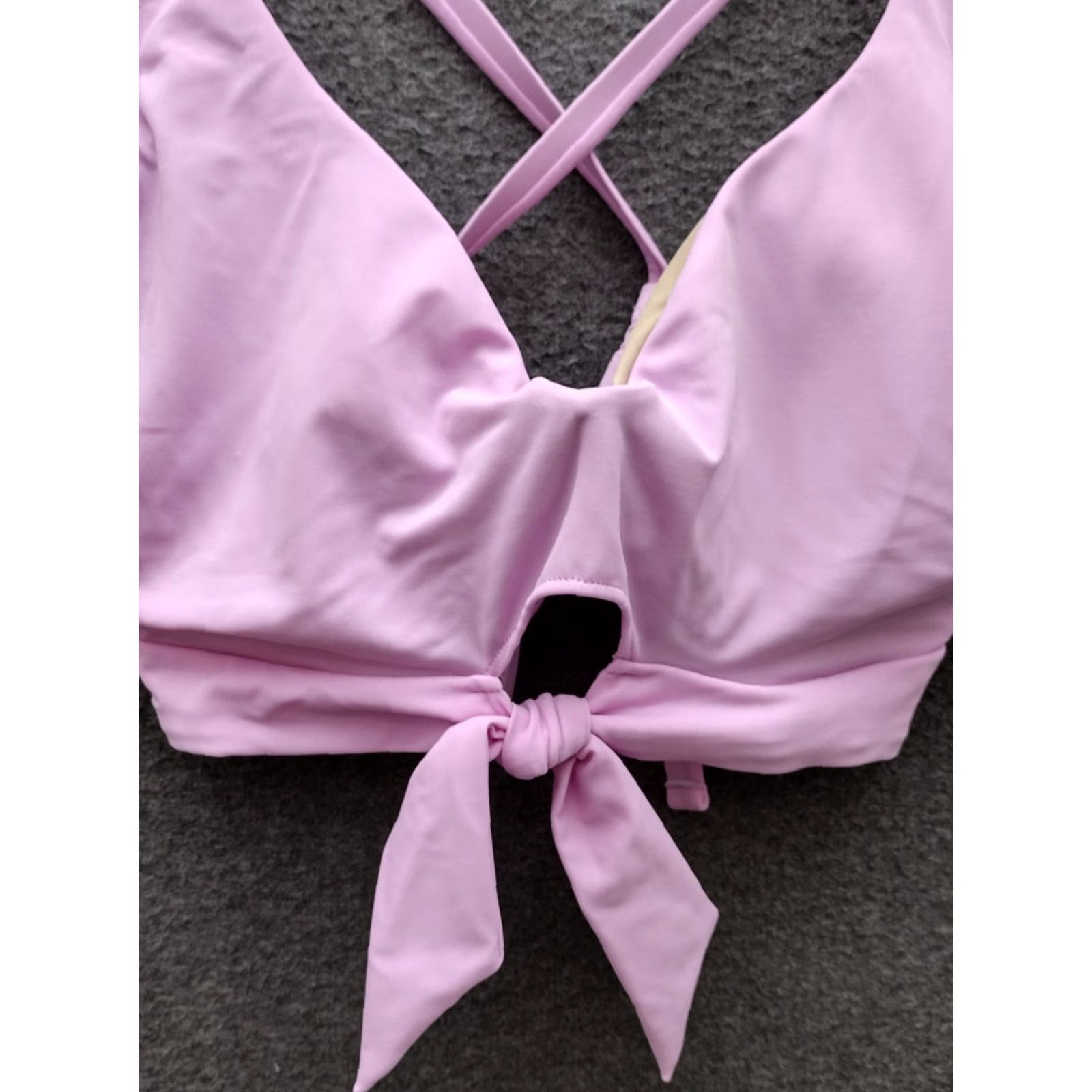 Vintage Shade & Shore Bikini Top Purple Front Tie Keyhole Cross Back Padded 38D Adult Women Beach Leopard Pattern Solid Nylon Polyester Spandex Lined Strap Size XS / US 0-2 / IT 36-38 - 3 Thumbnail