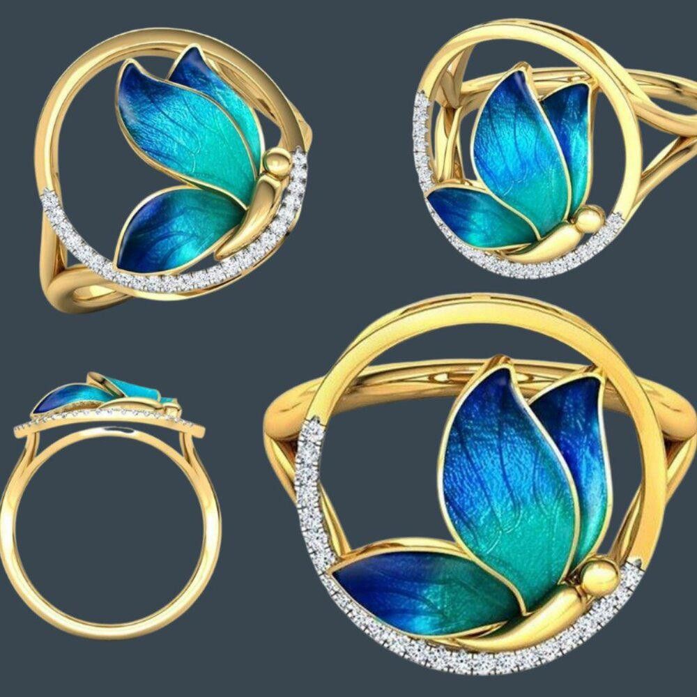 Designer Handmade Blue Epoxy Butterfly Gold Enamel Ring - Size 7 Size ONE SIZE - 3 Thumbnail