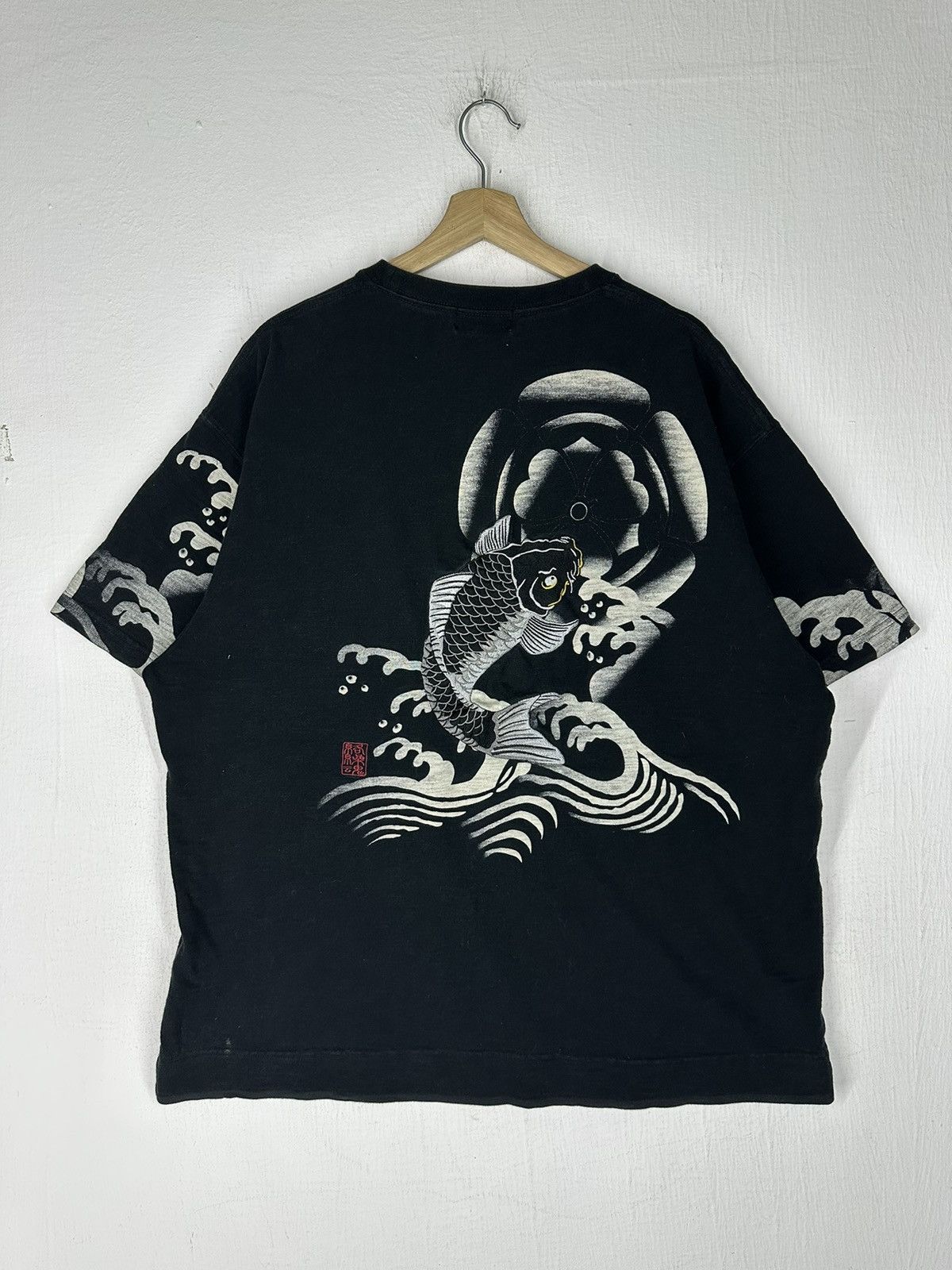 image of Vintage Embroidery Koi Fish Japanese Style Shirt Tee in Black, Men's (Size XL)