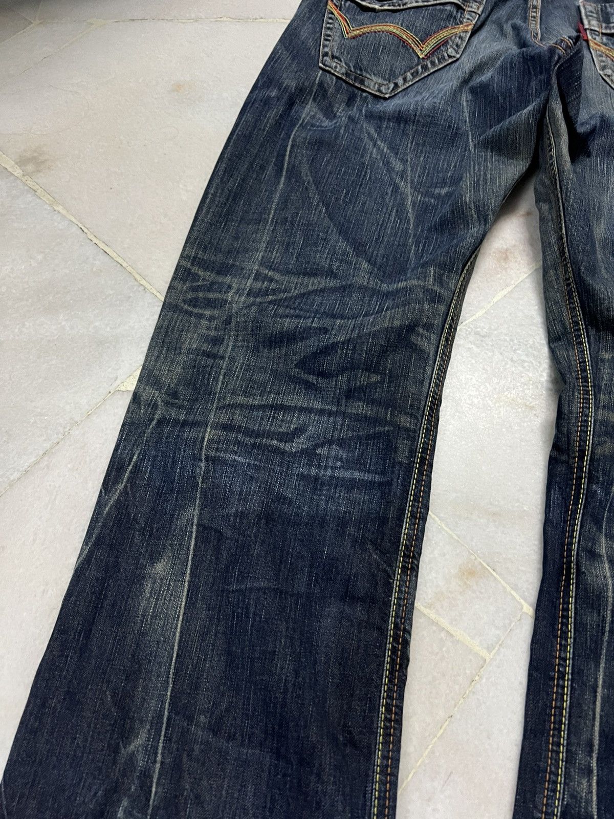 Edwin × Vintage 💥Flare💥Edwin 503 Blue Trip Distress Jean Size US 35 - 16 Thumbnail
