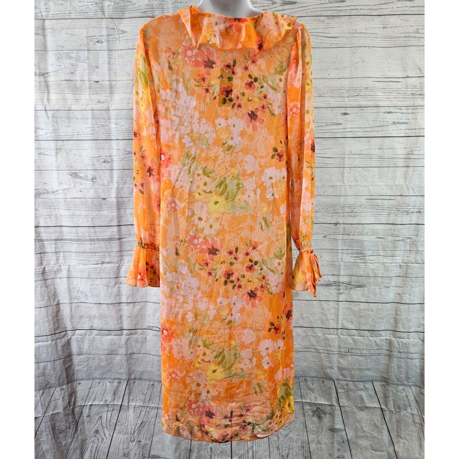 Vintage Wild Fable Blouse Duster 2XS Womens Orange Pink Floral Tie Front Sheer Long Sleeve Size XXS / US 00 / IT 34 - 4 Thumbnail
