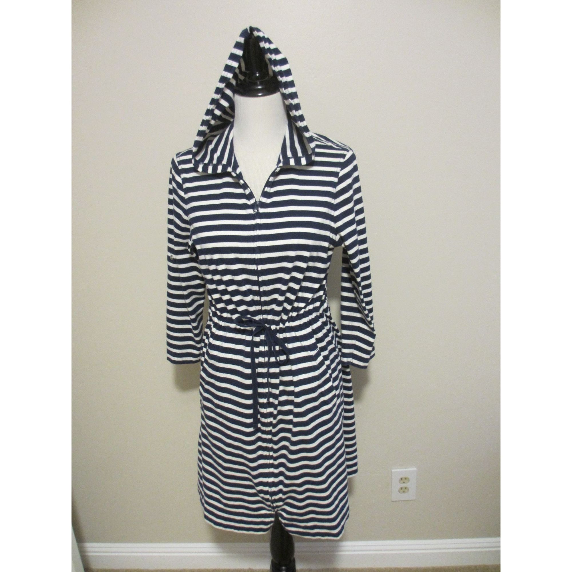 Lands' End Lands End Navy & White Striped Hooded Drawstring Waist Robe Size M / US 6-8 / IT 42-44 - 1 Thumbnail