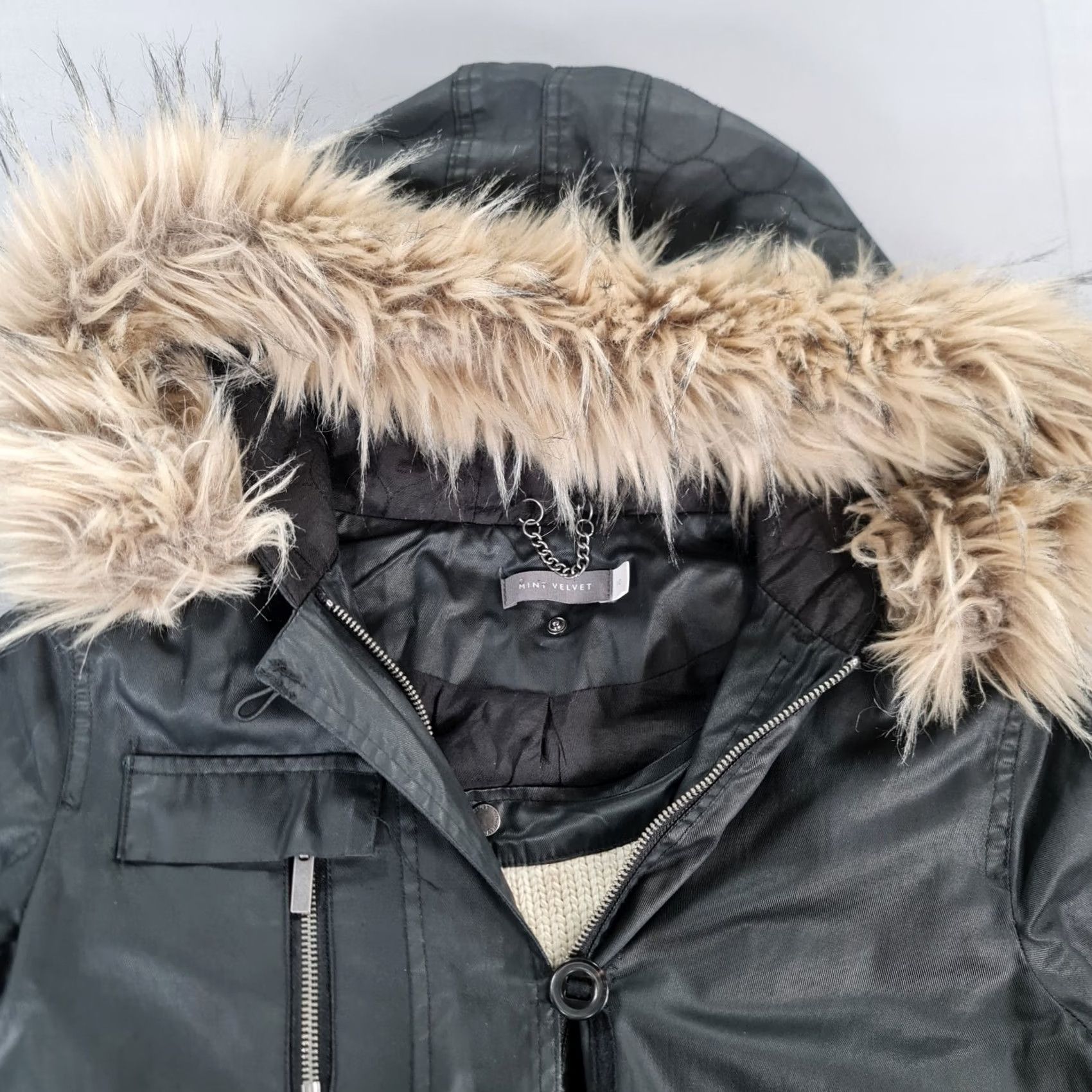 Vintage Mint Velvet Jacket Womens Black 10 UK Hooded Faux Full Cotton Parka Long Zip Pockets Wind-Resistant Size L / US 10 / IT 46 - 2 Thumbnail