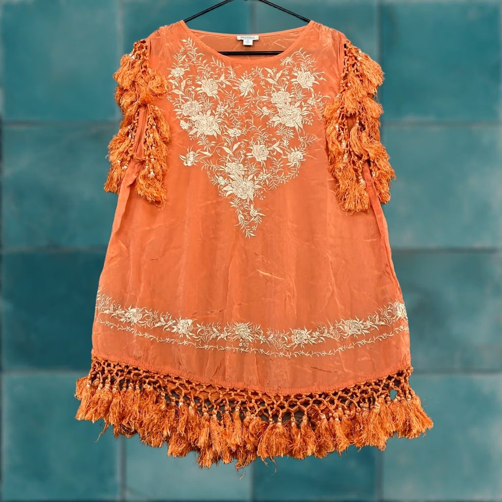 Vintage Sundance Boho Tassel Shift Dress Womens Small Embroidered Beach Resortwear Orange Viscose Summer Casual Size S / US 4 / IT 40 - 1 Thumbnail
