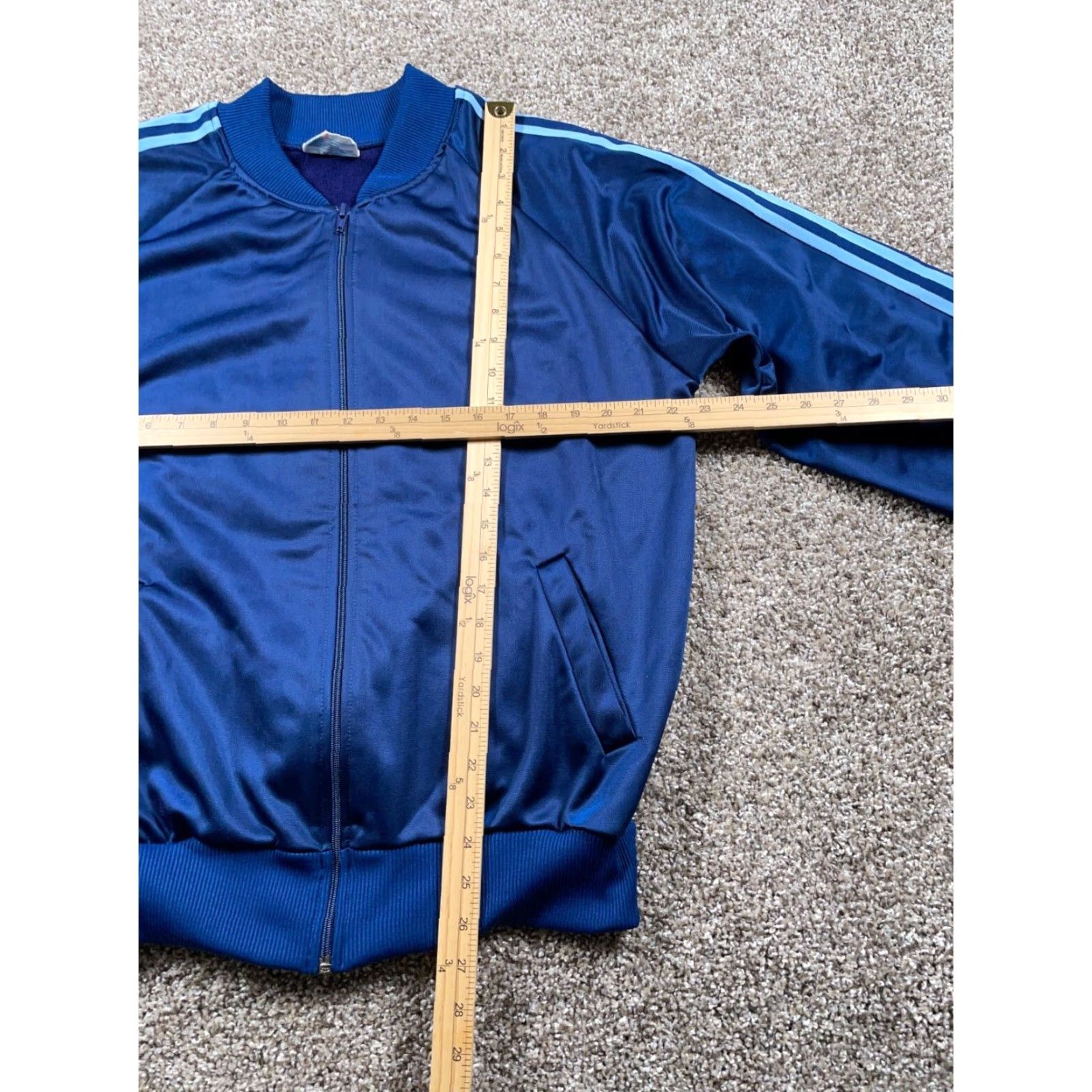 Vintage VTG 70s Track Jacket Adult XL Dark Blue Striped Sleeves Full Zip Pockets Polyester Winmark Tag Men Jacket Size US XL / EU 56 / 4 - 5 Thumbnail