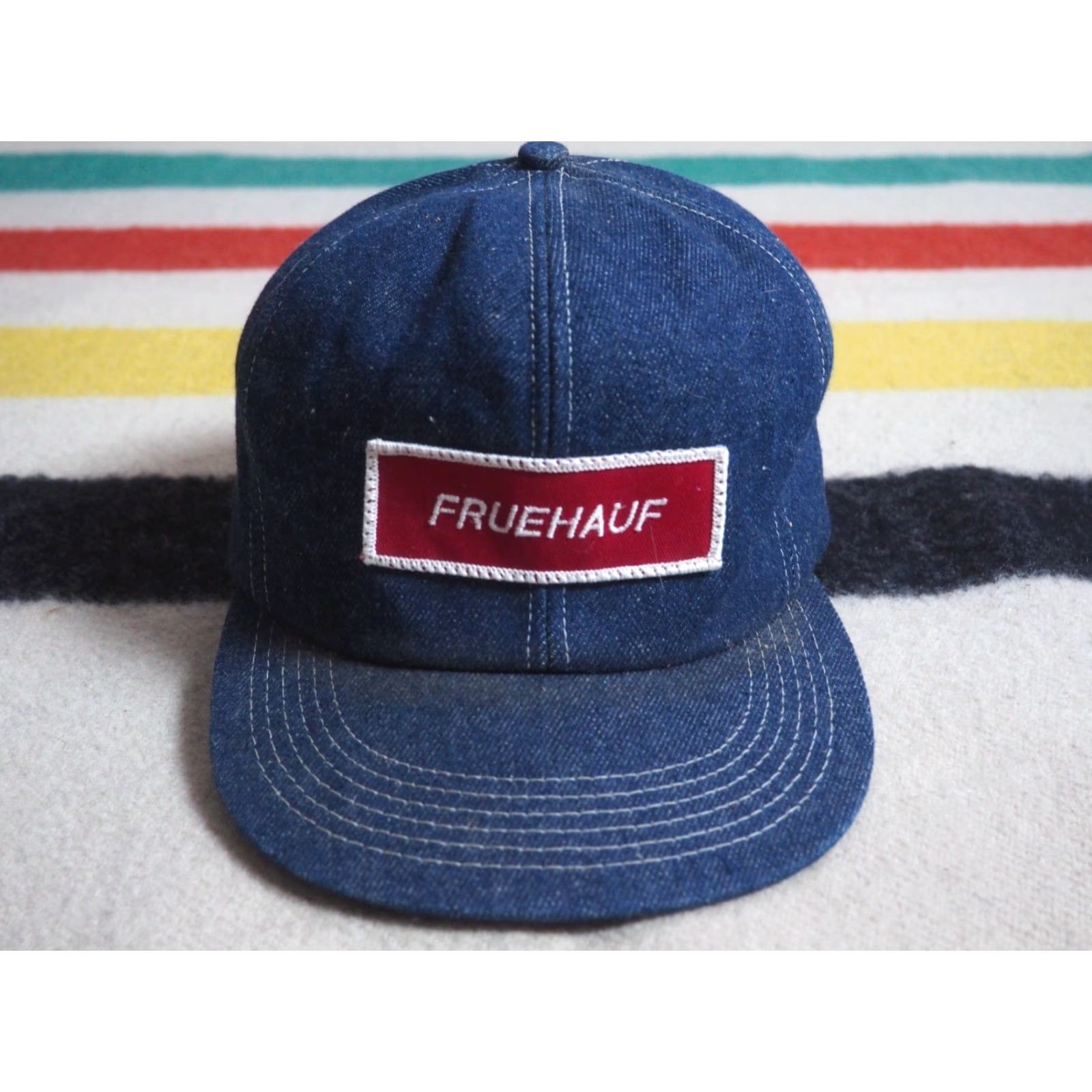 Denime VINTAGE Fruehauf Blue Denim Patch USA Trucker Snapback Hat Cap OSFM Adjustable Men Trucker Hat Denim Blue USA Patch 70s 80s Size ONE SIZE - 2 Thumbnail