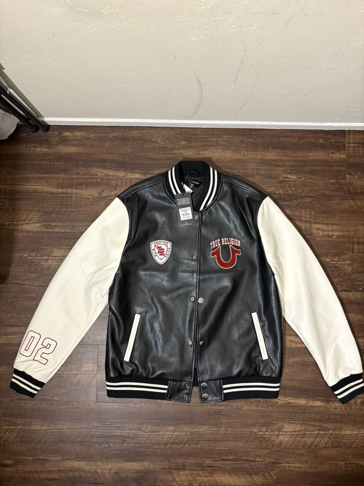 True Religion Varsity Leather Jacket Mens Black White Red