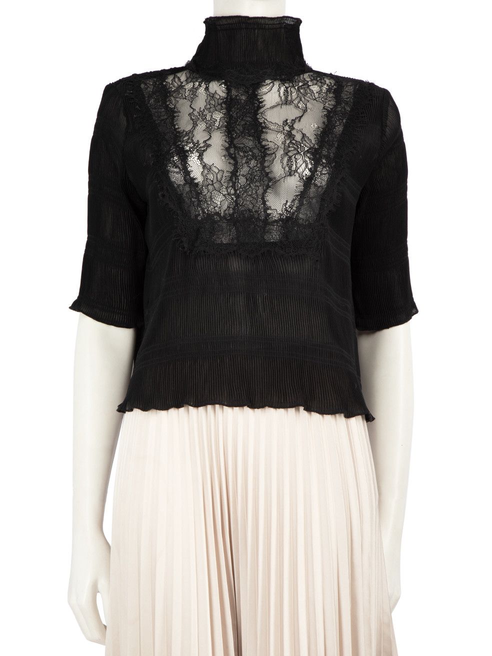 image of Ganni Black Pleated Lace Panel Top, Women's (Size XS)