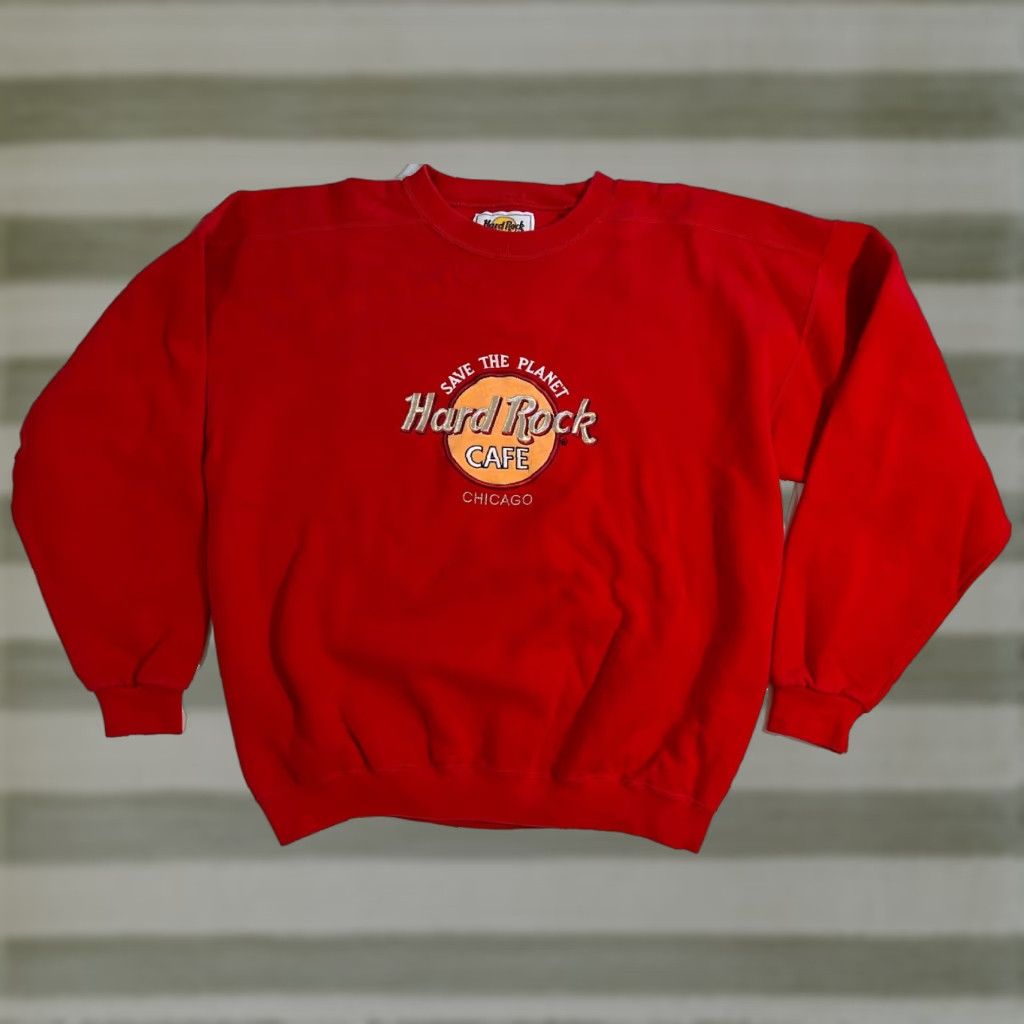 Hard Rock Cafe VINTAGE Hard Rock Cafe Chicago Save the Planet Crew Sweatshirt Unisex Adults XL Red USA 90s Embroidered Heavyweight Cotton Blend Fleece Sweatshirt Size US XL / EU 56 / 4 - 1 Thumbnail