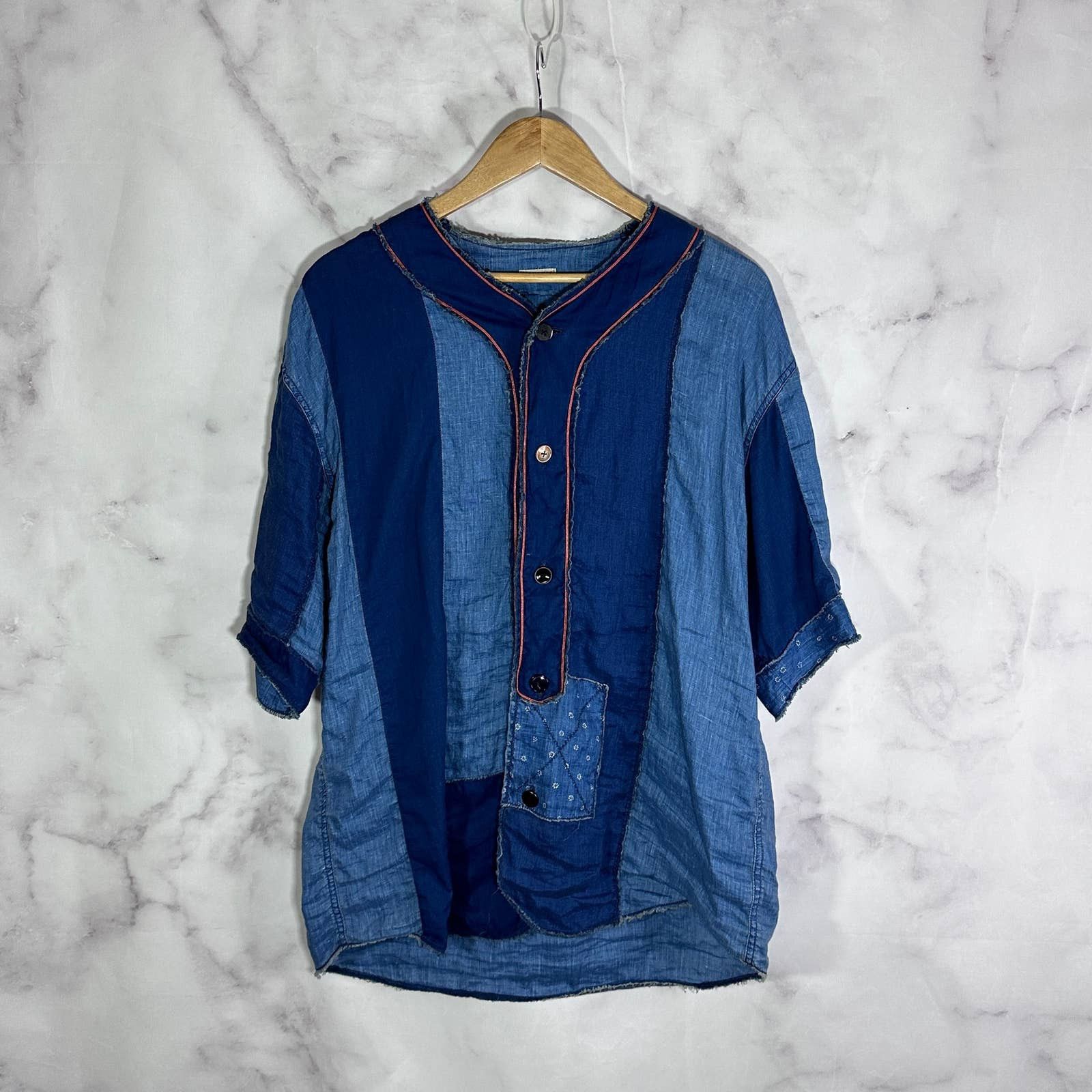 image of Kapital x Kapital Kountry Sashiko Patchwork Baseball Jersey in Blue, Men's (Size XL)