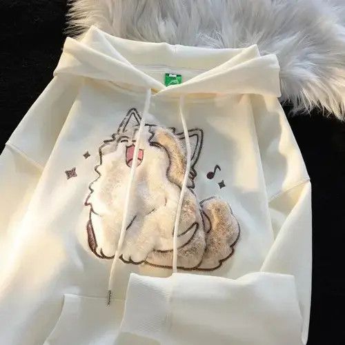 Japanese Brand × Vintage Embroider Cat Cute Kawaii Oversized Hoodie Women Autumn Size ONE SIZE - 3 Thumbnail
