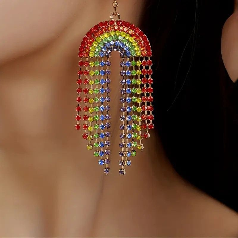 Other Rainbow Rhinestone Dangle Earrings Colorful Statement Size ONE SIZE - 4 Thumbnail