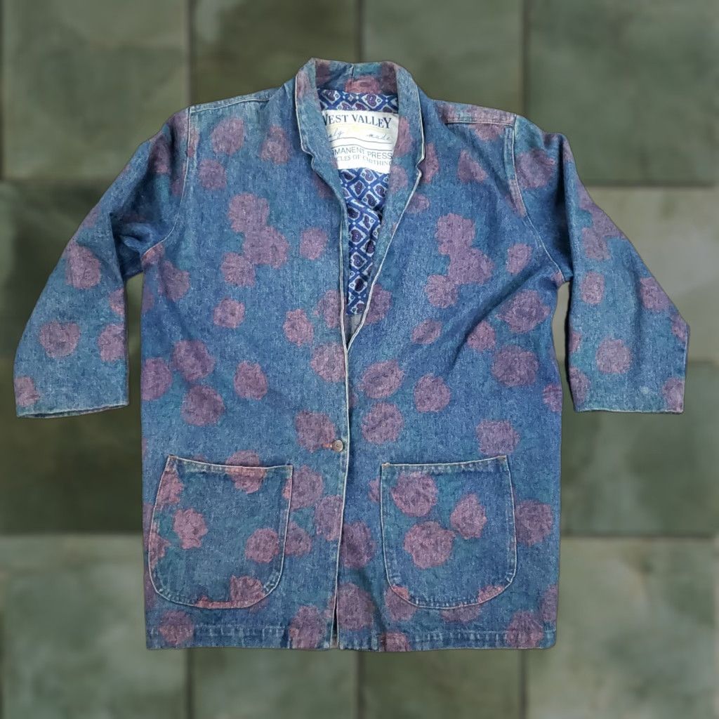 West Valley Denim Jacket Women's Medium Blue Floral 3/4 Sleeve Button Collared