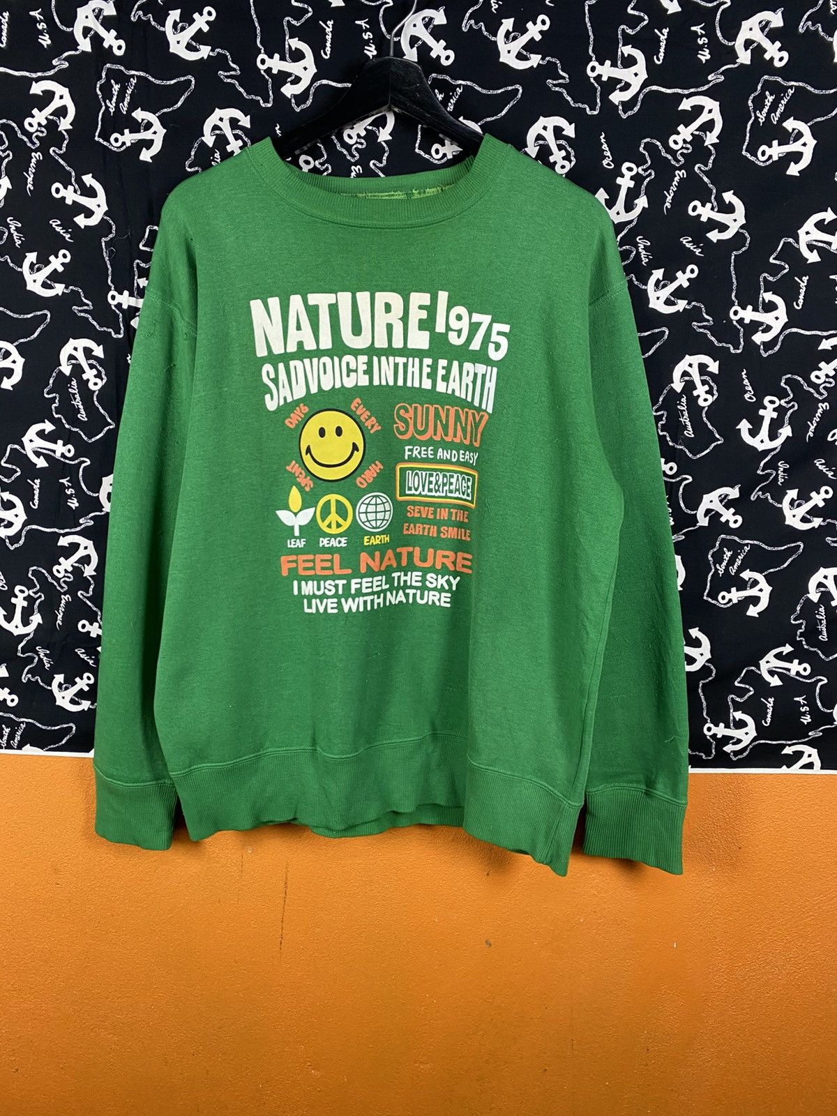 Japanese Brand Homeboys Nature 1975 Green Graphic Smiley Peace Earth Size US L / EU 52-54 / 3 - 4 Thumbnail
