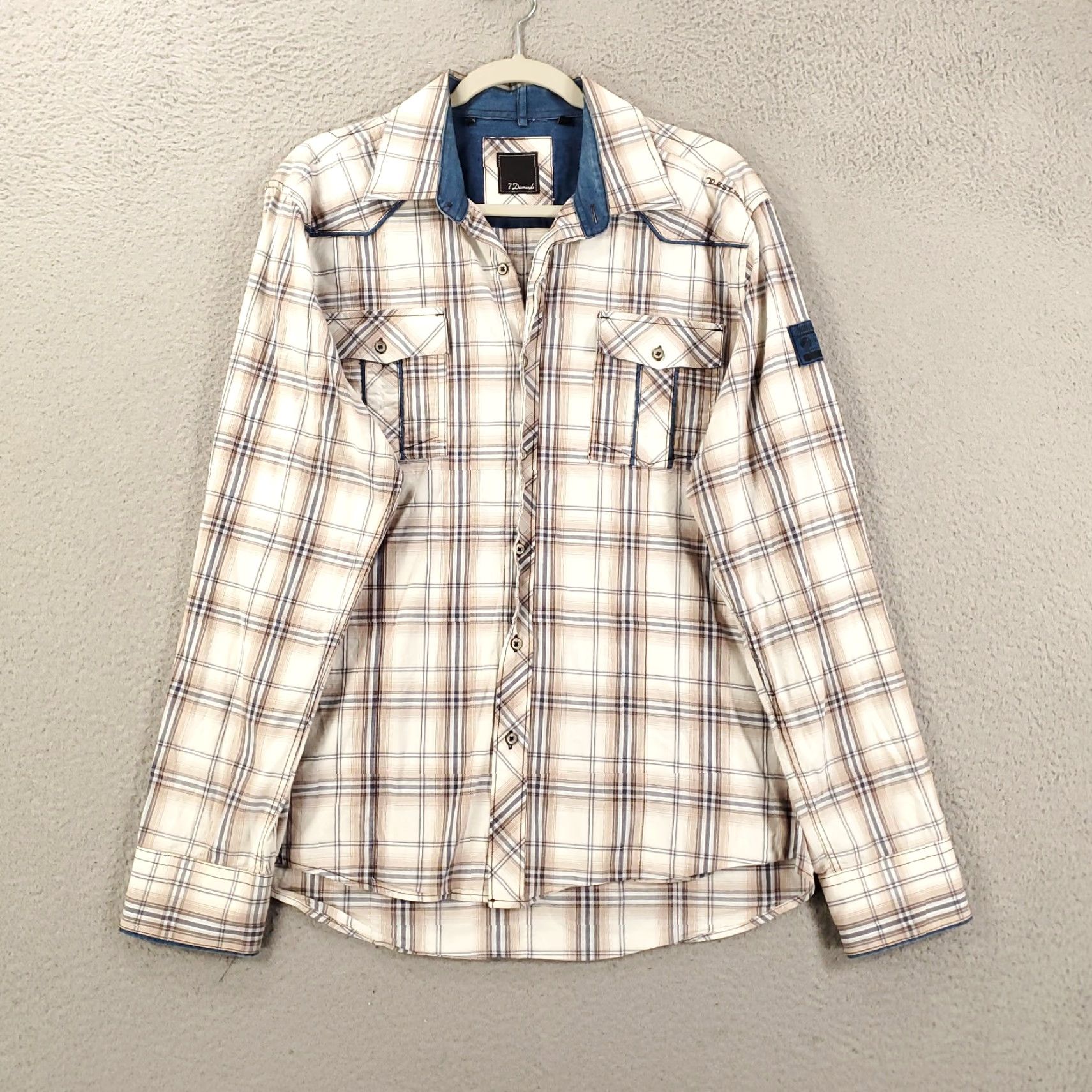 Vintage 7 Diamonds Shirt Mens XL Blue White Brown Plaid Button Up Long Sleeve Cotton Size US XL / EU 56 / 4 - 2 Thumbnail