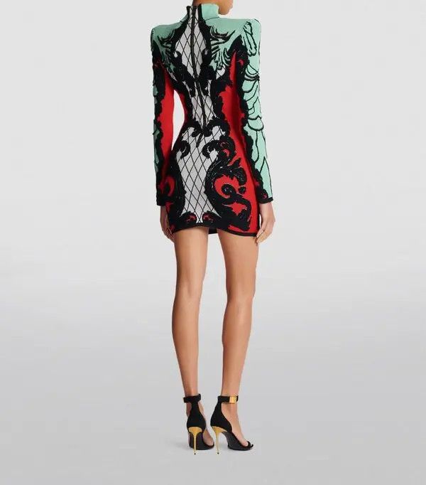 Balmain o1s1wg110825 Baroque Print Mini Dress in Multicolor Size L / US 10 / IT 46 - 2 Thumbnail