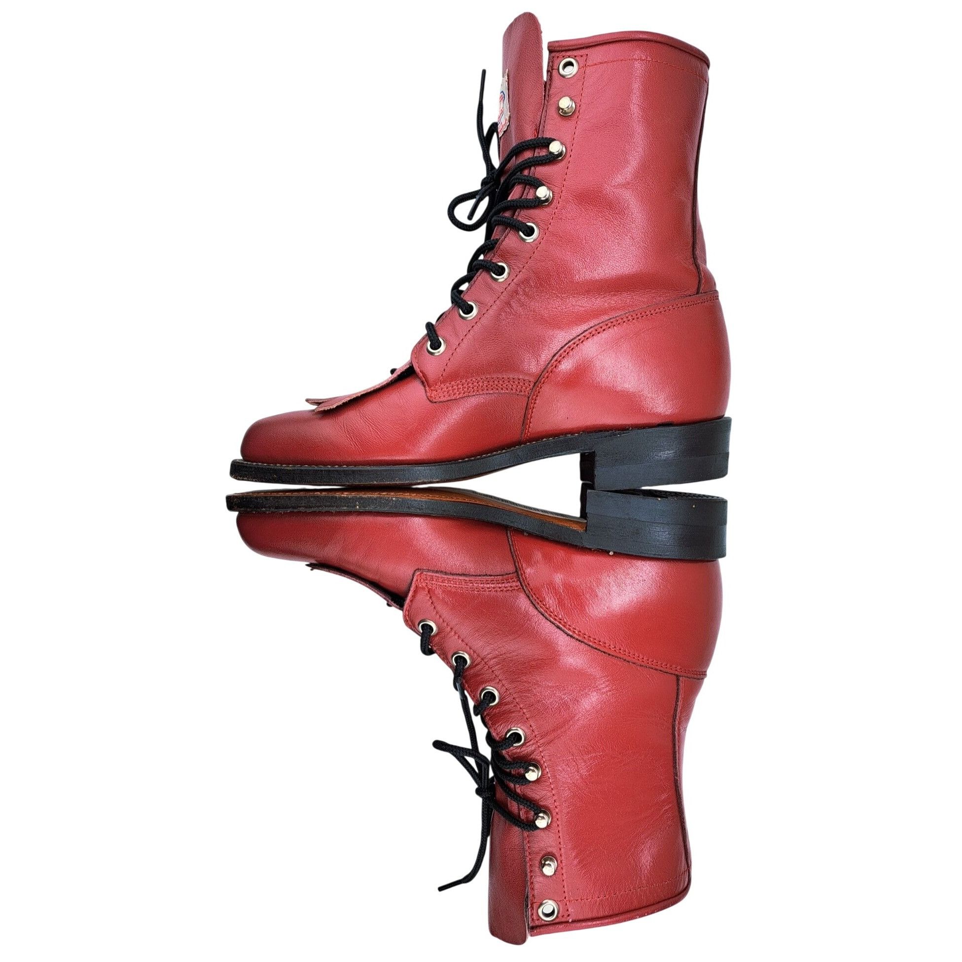 Justin Justin Women Red Leather Lace Up Roper Boots Size 5C Kiltie Size US 5 / IT 35 - 3 Thumbnail