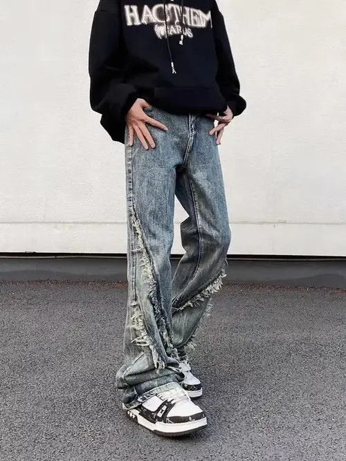 Japanese Brand × Jean Vintage washed fringed raw edge straight-leg jeans Size US 32 / EU 48 - 2 Thumbnail