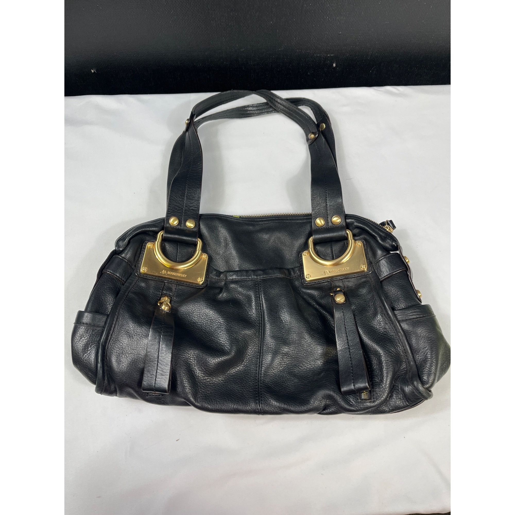 Designer B. Makowsky Womens Black Leather Handbag With Gold Tone Hard Size ONE SIZE - 1 Thumbnail